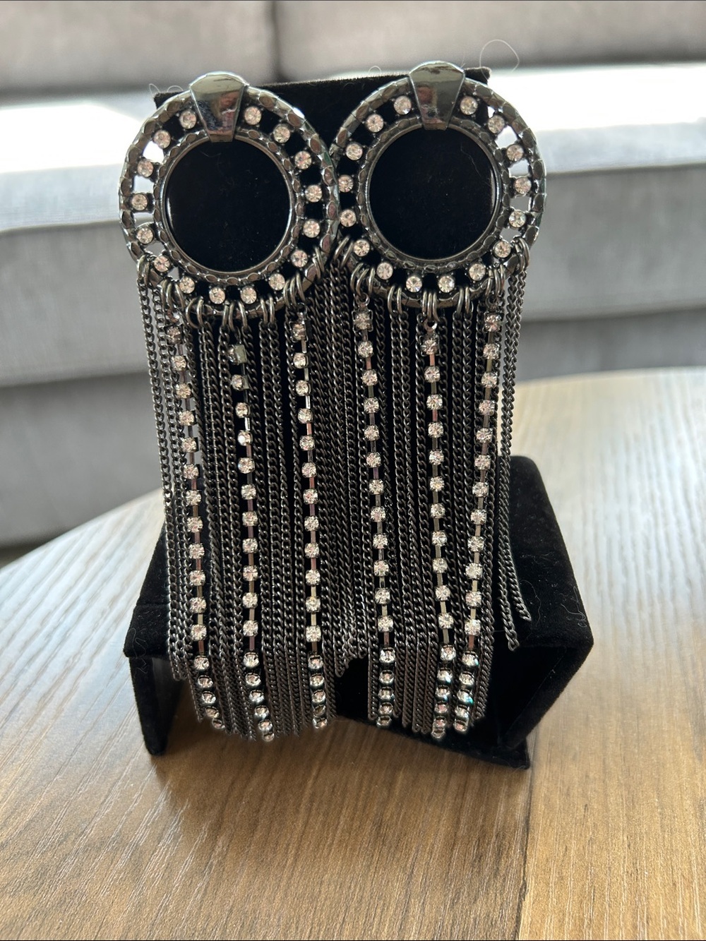 Rhinestone - Gun Metal Fringe Statement Earrings 5”